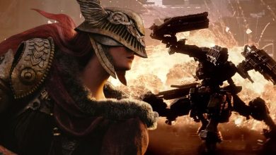 Malenia in Elden Ring with a mech from Armored Core 6.